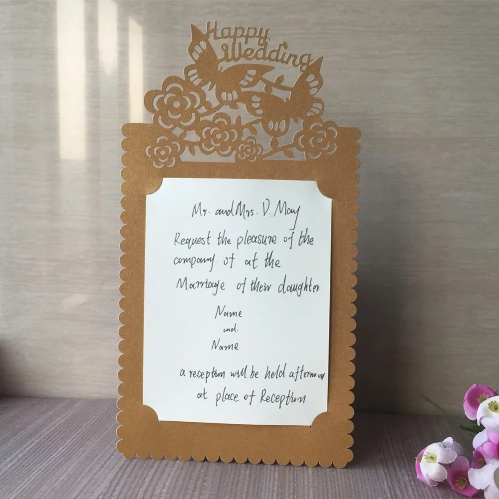 

20pcs/lot Unique Laser Cut Pearl Paper Wedding Card Single-Page Type Invitations Card Event Party Supplies Happy Wedding