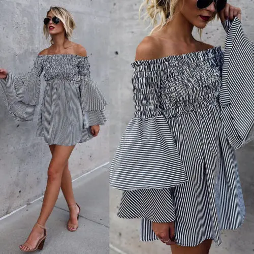 2017 горячие новые женщин с открытыми плечами Striped Ruffled сарафан вечерние летние