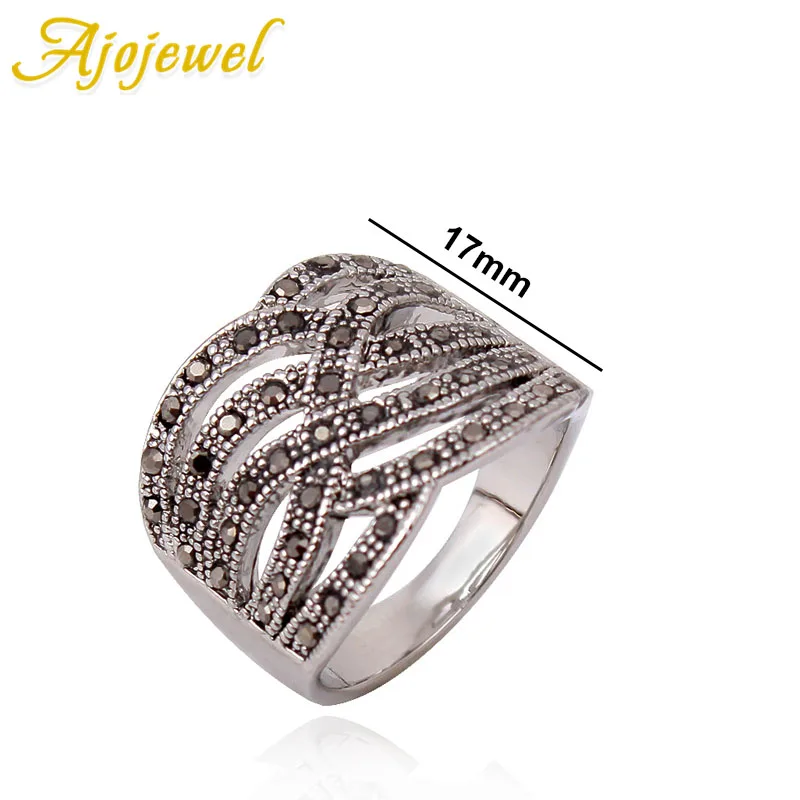 Ajojewel, винтажные женские широкие кольца, форма растения, выдалбливают, черные стразы, серебряный цвет, вечерние ювелирные изделия,, подарок на год