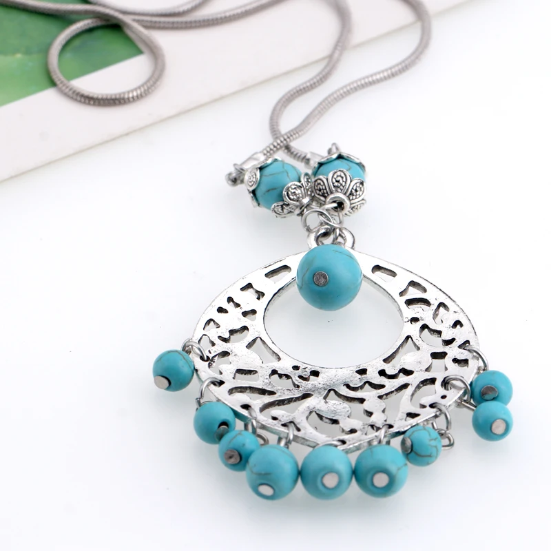 

WNGMNGL 2018 New Vintage Ethnic Gypsy Hollow Carved Metal Blue Stone Pendants Tibetan Silver Snake Chain Necklaces For Women