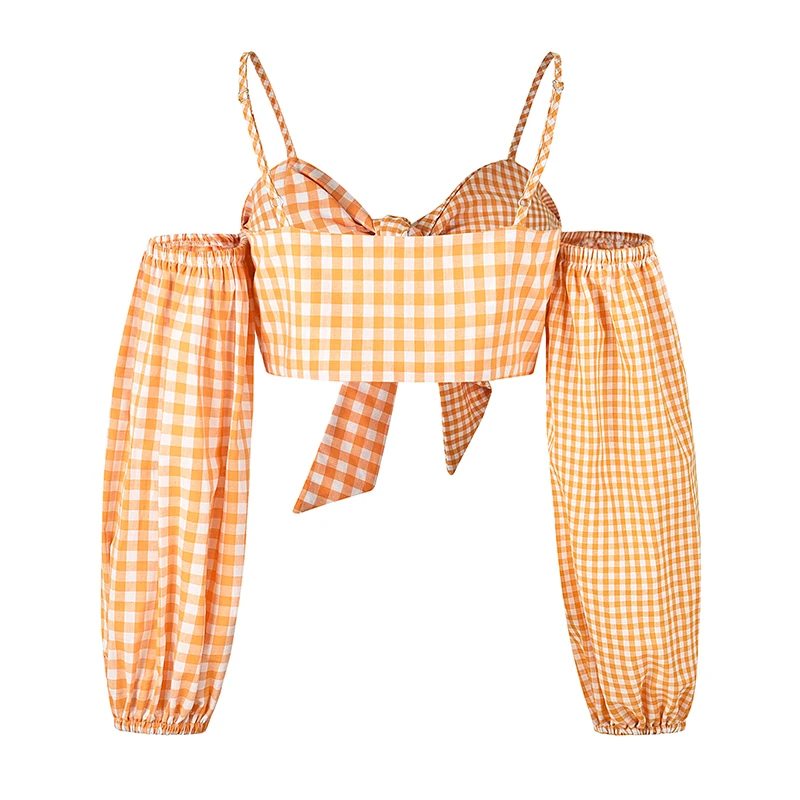 New V Neck Sexy Long Sleeve Short Tops Women Summer Bow Tied Casual Tee Shirt Orange Spring Blouses for Ladies 2019 Strap Shirts