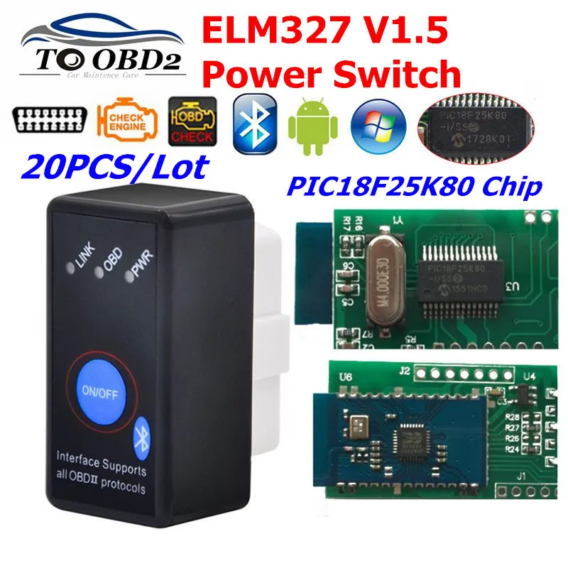 20 шт./лот мини ELM327 V1.5 Bluetooth в режиме включения/выключения с PIC18F25K80 чип ELM 327 1 5 OBD2/OBDII