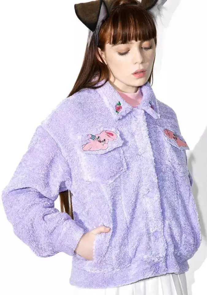 Пальто с искусственным мехом Lazy Oaf кролик Harajuku каваи милый Топ Корея Роза Лолита