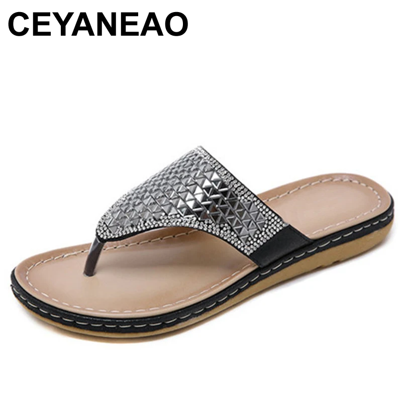 CEYANEAO/пляжные шлепанцы; вьетнамки на плоской подошве с кристаллами; большие размеры; пляжные шлепанцы в богемном стиле; шлепанцы со стразами; большие богемные шлепанцы