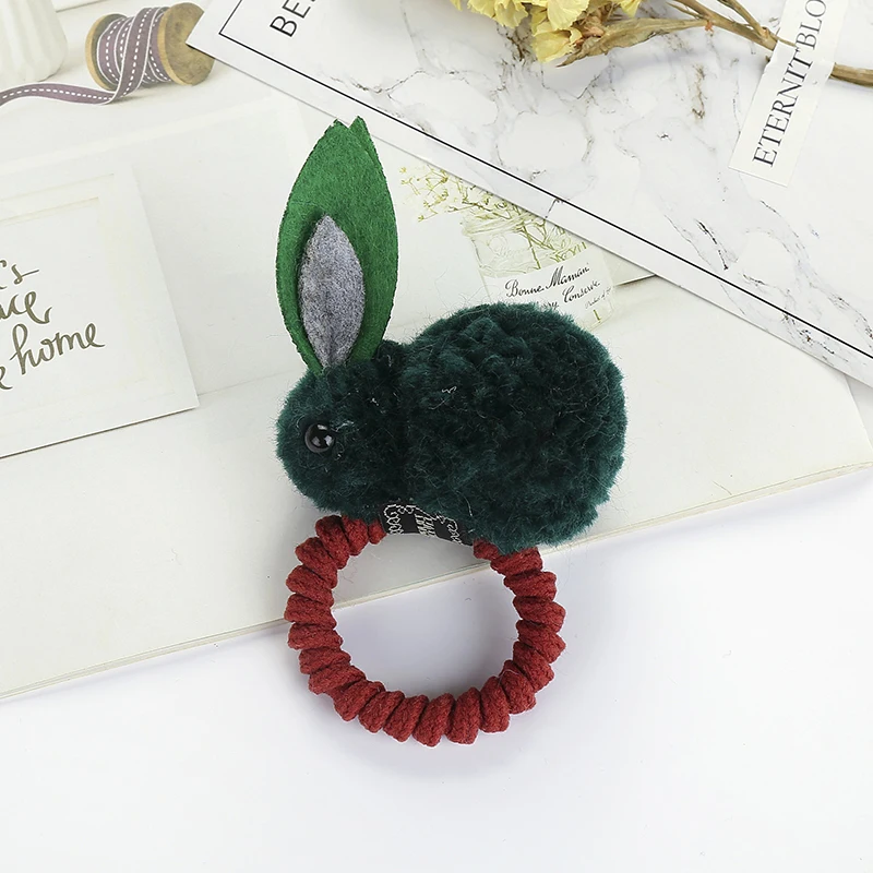Dark green Детское кольцо из кроличьей шерсти для девочек, милый головной убор с кроликом из мультфильма, детская Милая повязка на голову, детская веревка для волос, аксессуары для волос для девочек - Цвет: Dark green