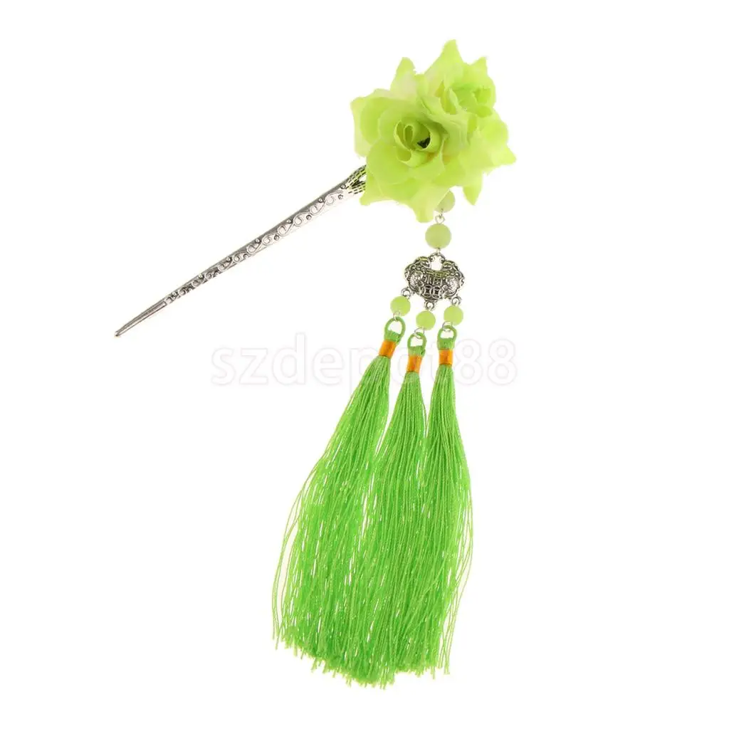 Green Заколка для волос с цветами Kanzashi Tassel Chignon Винтаж для кимоно Hanfu - Цвет: Green