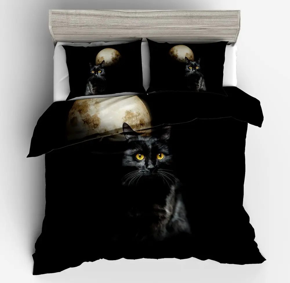 Модная черная кошка луна печати 100% полиэстер близнец полный королева король