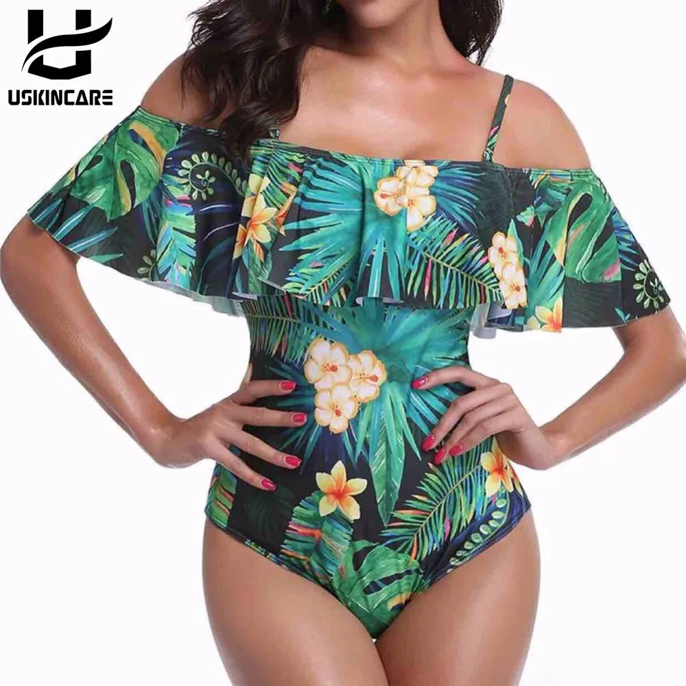 USKINCARE New Women's Sexy Off Shoulder Floral Print Beach Swimwear Women One Piece Swimsuit Female Thong Bathing Suit Swim Wear | Спорт и