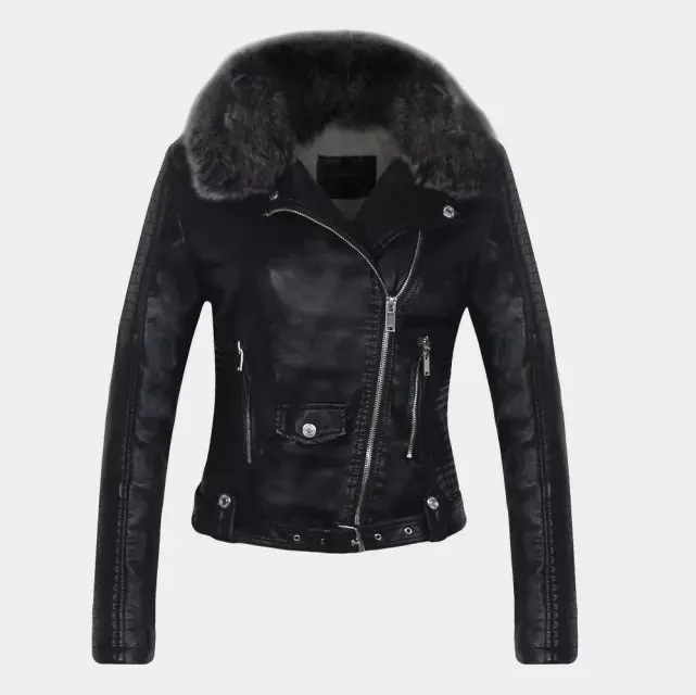 Black Хит, женские зимние теплые куртки из искусственной кожи с меховым воротником, женские белые, черные, розовые мотоциклетные и байкерские пальто - Цвет: Black