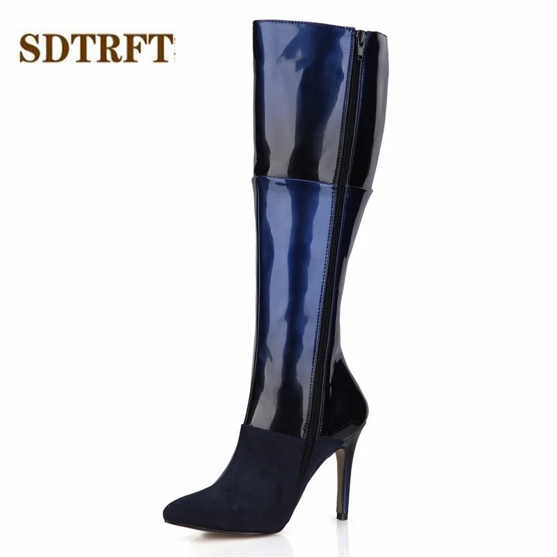 

SDTRFT Spring/Autumn 2018 New botas mujer 10cm thin heels Knee high boots Sexy shoes Woman Suede PU wedding pumps Plus:35-42 43