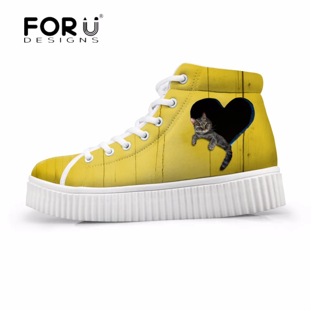 

FORUDESIGNS Fashion Heart-shaped Design Women Casual High Top Shoes Cute 3D Animal Cat Female Flats Platform Shoes Flat Women