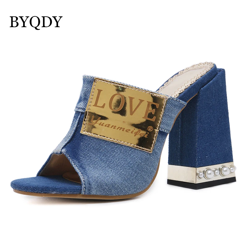 BYQDY Women Sandals Designer Denim Peep Toe High Heels Open Pearl Thick Heel Mules Sides Pumps Valentine Love Shoes | Обувь