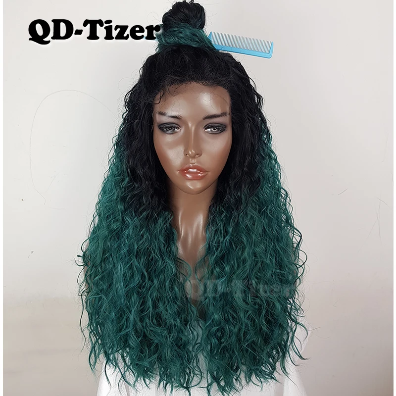 QD-Tizer синтетические парики на шнурках спереди Bouncy курчавый Темный корни Омбре длинные волосы Омбре зеленый парик с Детские волосы термостойкие