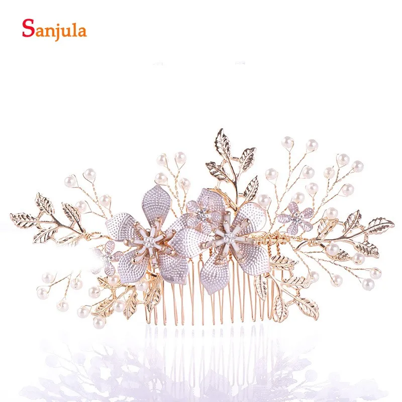 2019 Delicate Bridal Hair Combs Gold Leaves Flowers Wedding Headpieces With Pearls T103 | Свадьбы и торжества