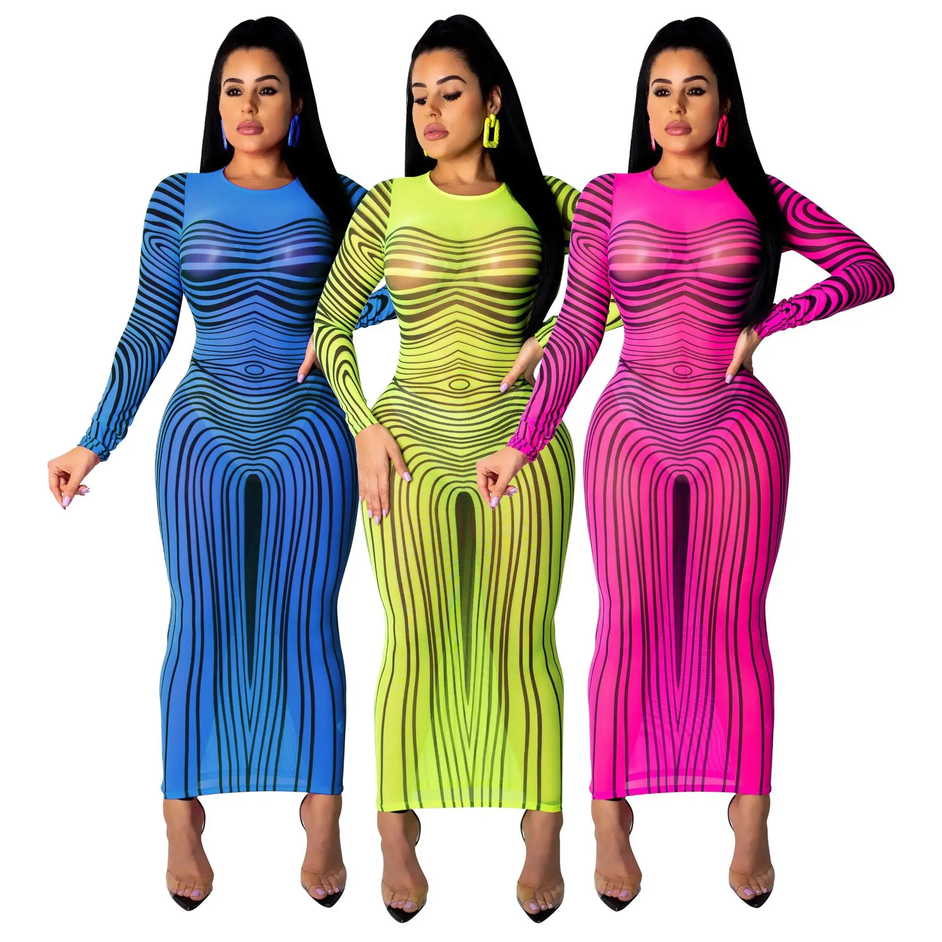 INMOTENG для женщин летние сетчатые See Through Stripes осень Прозрачный Bodycon миди платье