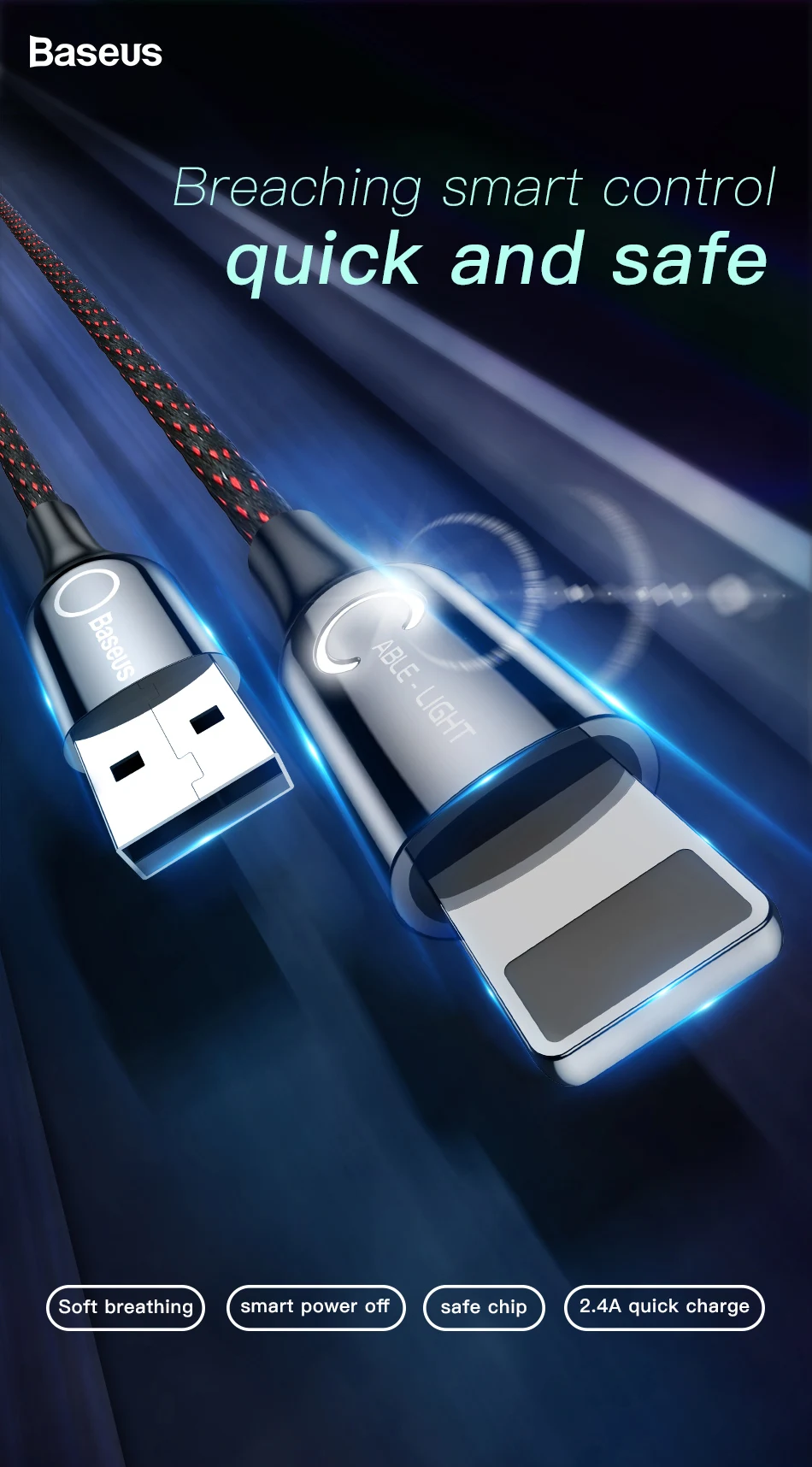 Usb-кабель Baseus с автоматическим отключением для iPhone X Xs Max Xr 8 7 6 2.4A, кабель для быстрой зарядки и синхронизации данных, светодиодный usb-шнур