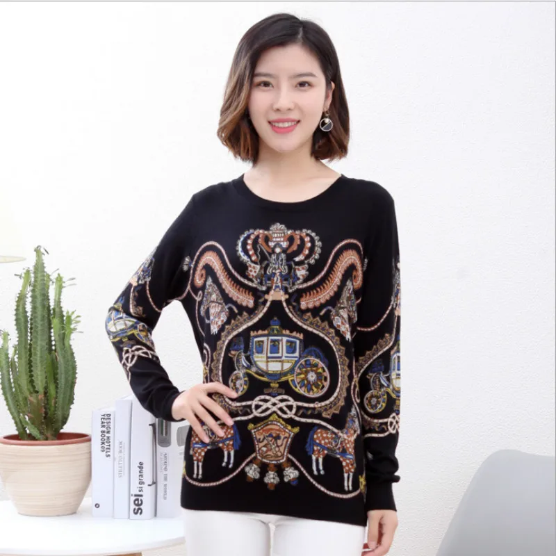 Winter Runway Sweater Women Luxury Brand Design Elegant Long-sleeve Feminino New Loose Printed Knitted Pullovers Tops | Женская одежда