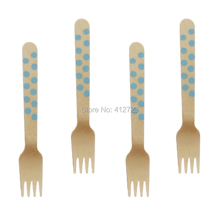 Светло голубой горошек деревянные столовые приборы Вилки детей салат и еды