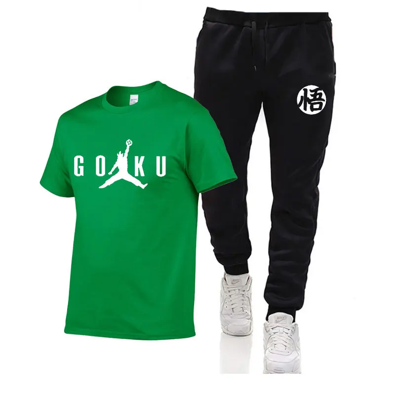 green black Лето, Dragon Ball Z, мужские футболки+ штаны, 2 предмета,, хлопок, удобная футболка с коротким рукавом, мужские повседневные топы и штаны - Цвет: green black