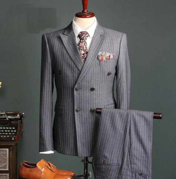 

Серый мужской повседневный костюм в полоску Корейская версия из трех предметов, модные классические двухрядные свадебные костюмы для мужчин 2017