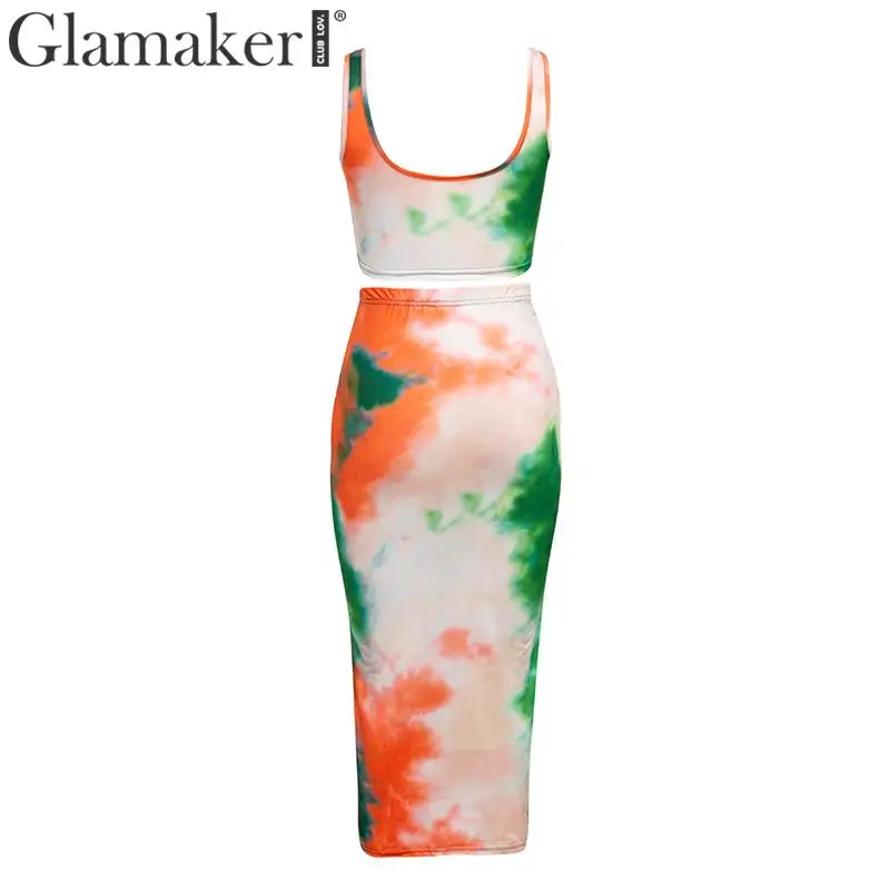 Glamaker, сексуальный галстук, окрашенный принт, костюм из двух частей, платье миди, женское, без рукавов, Бандажное платье, летнее, бодикон, вечерние, для клуба, элегантное платье