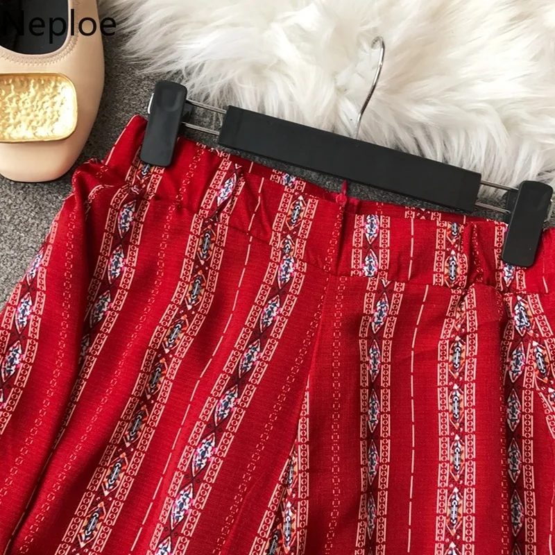Neploe Bohemian Print Women Two Piece Set V-Neck Long Sleeve Shirts+Zipper Fly High Waist Full Pants Fashion Suits 44776 |