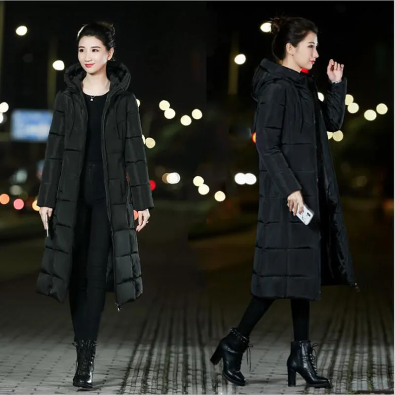 black Зимняя куртка, Женская парка, пальто, плюс размер, M-6XL, модный пуховик, Длинная толстовка с капюшоном, толстая длинная куртка, женская одежда - Цвет: black