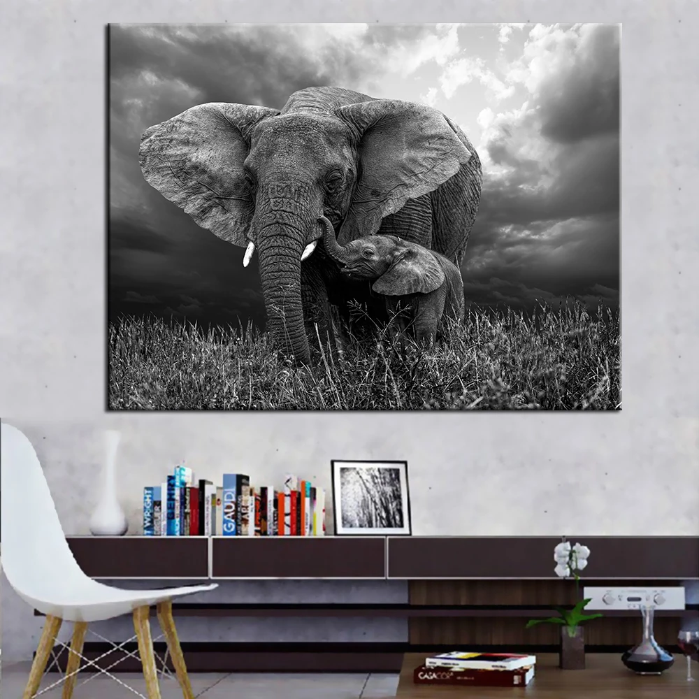 QKART Wall Art Elephant Print on Canvas Animal Pictures for Living Room Home Decor Posters - Печать на холсте с изображением слона QKART Wall Art, картинки животных для гостиной, постеры для домашнего декора.