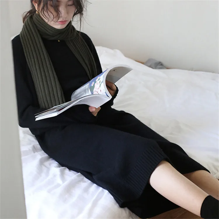 100%cashmere thick knit women brief low Oneck loose long dress sweater solid color S-L