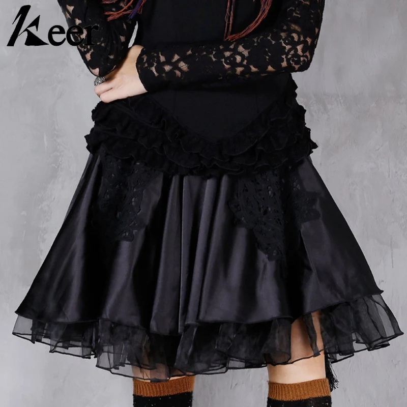 Keer Qiaowa Vintage Black Gothic Skirt Woman Summer 2018 New Arrival Women Mini Organza Ball Gown Skirts with Appliques Flowers | Женская
