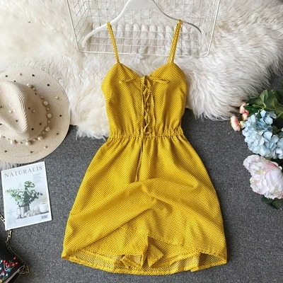 yellow dot ALPHALMODA, летний женский пляжный комбинезон с цветочным принтом, на шнуровке, на груди, эластичный сзади, без рукавов, повседневный короткий шифоновый комбинезон - Цвет: yellow dot