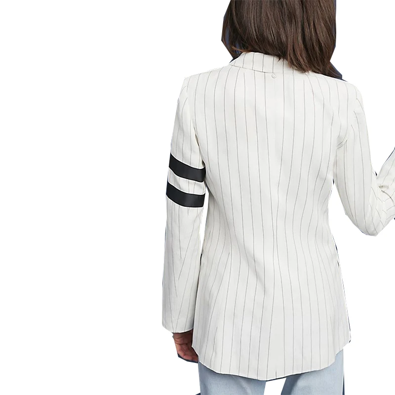 HYH HAOYIHUI Striped Double Breasted Notched High Low Coat Casual Long Sleeve Pocket Side Split Brief Gored Autumn Blazer | Женская