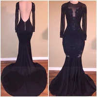 hot sale elegant black illusion prom dresses 2022 sexy backless mermaid long sleeves stretch long evening party gowns