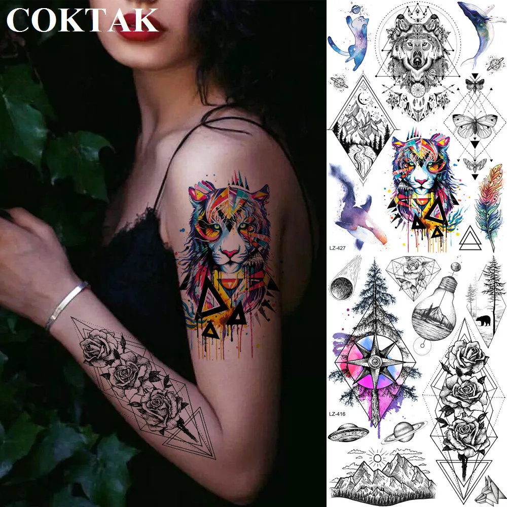 

COKTAK Geometric Tribal Wolf Tiger Temporary Tattoo Stickers Mountain Forest Moth Fake Tatoos Body Art Wrist Rose Flower Tattoos