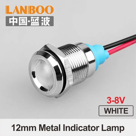 12mm-WHITE-(3-8V) 12 мм сигнальный светодиодный металлический индикатор светильник с 150 мм проводом синий зеленый красный белый желтый Пилотная лампа 12 В 24 В 220 В - Цвет: 12mm-WHITE-(3-8V)