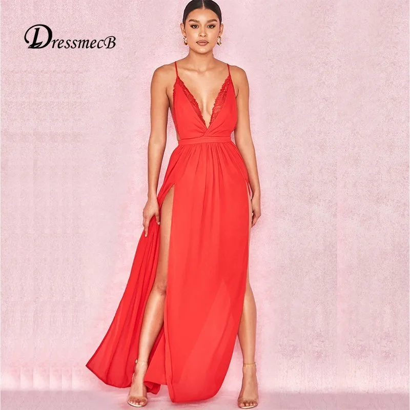 DRESSMECB красное сексуальное платье с открытой спиной женское элегантное длинное