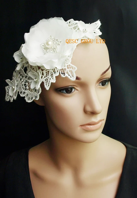 Вуалетка цвета слоновой кости с бусинами и жемчугом шелковая Цветочная