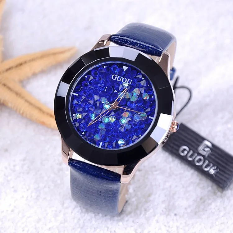 GUOU, Новое поступление, Relojes Hongkong, Брендовые женские часы, стразы, Кристалл, керамика, кожаный ремешок, ЖЕНСКИЕ НАРЯДНЫЕ часы, горячая Распродажа, relojes