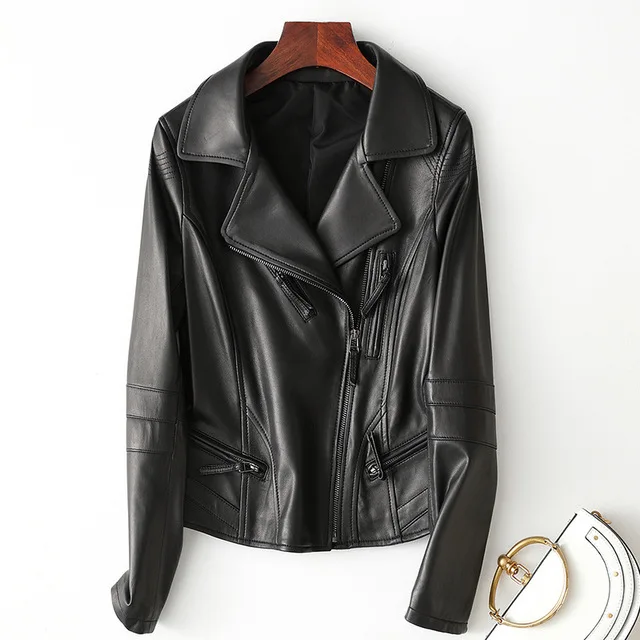 Ladies Genuine Leather Jacket Sheepskin Coat 100% Real Sheep Leather Jacket Women Motorcycle Black Female Outerwear Plus Size