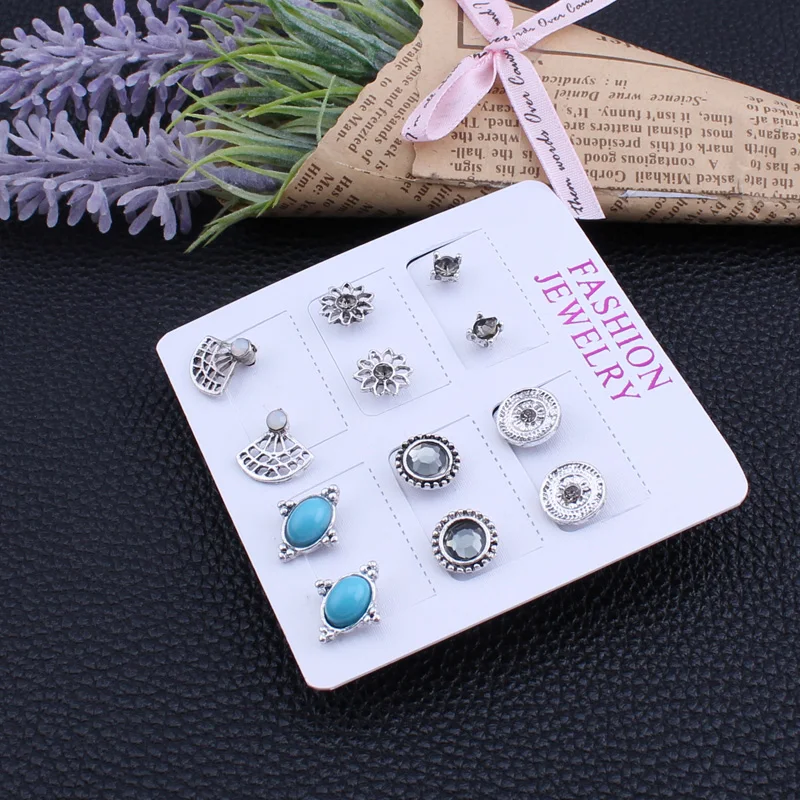 Tenande 6 Pairs/Set Boho Hollow Natural Stone Beads Crystal Coin Sector Flowers Earrings Set for Women Vintage Brincos Bijoux | Украшения и