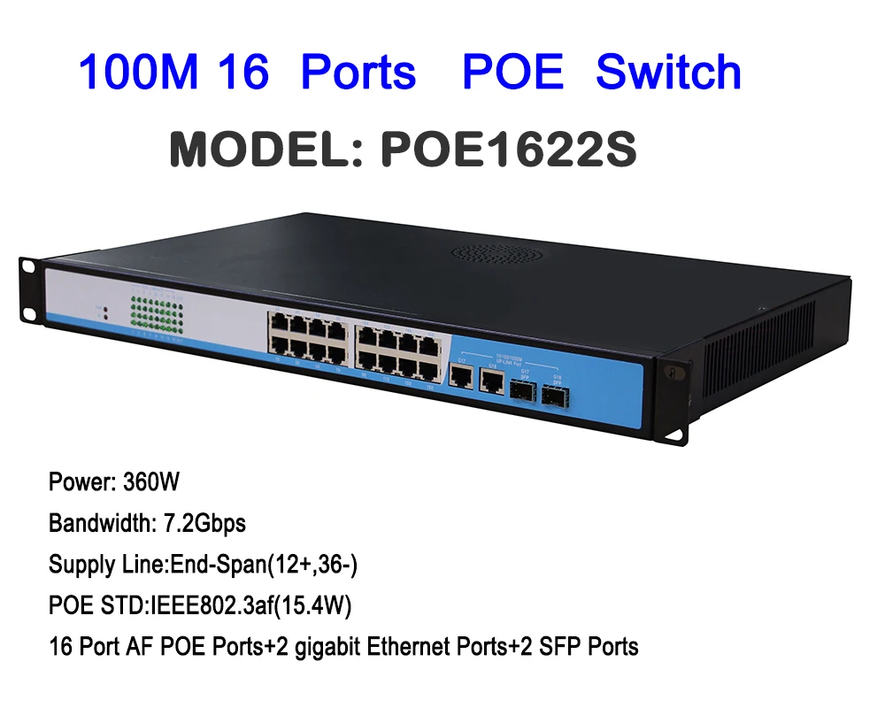 16 портов 100 м PoE коммутатор 2 Gigabit Ethernet с SFP Uplink 360 Вт Высокая мощность IEEE802.3af/at стандарт