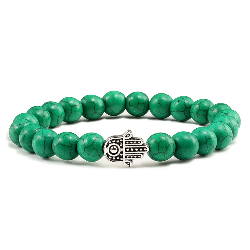 Hot Sale Alloy Hand Black Lava Beads Bracelet Natural Stone Volcanic Prayer Charm Bracelets Women Men Jewelry Femme Homme Gifts - Окраска металла: Green Sliver