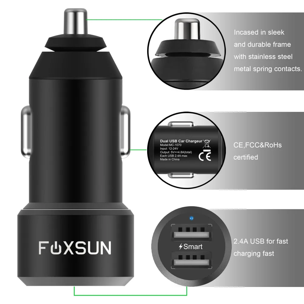 Foxsun 4.8A/24W Металлический Двойной Смарт USB порты автомобильное зарядное устройство