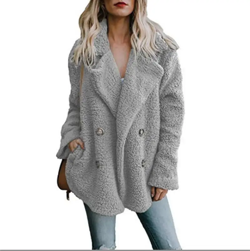 Light Gray Зимнее однотонное пальто женское осеннее свободное теплое пальто с широким отворотом Женский Повседневный джемпер женское Свободное пальто из смеси шерсти для женщин - Цвет: Light Gray