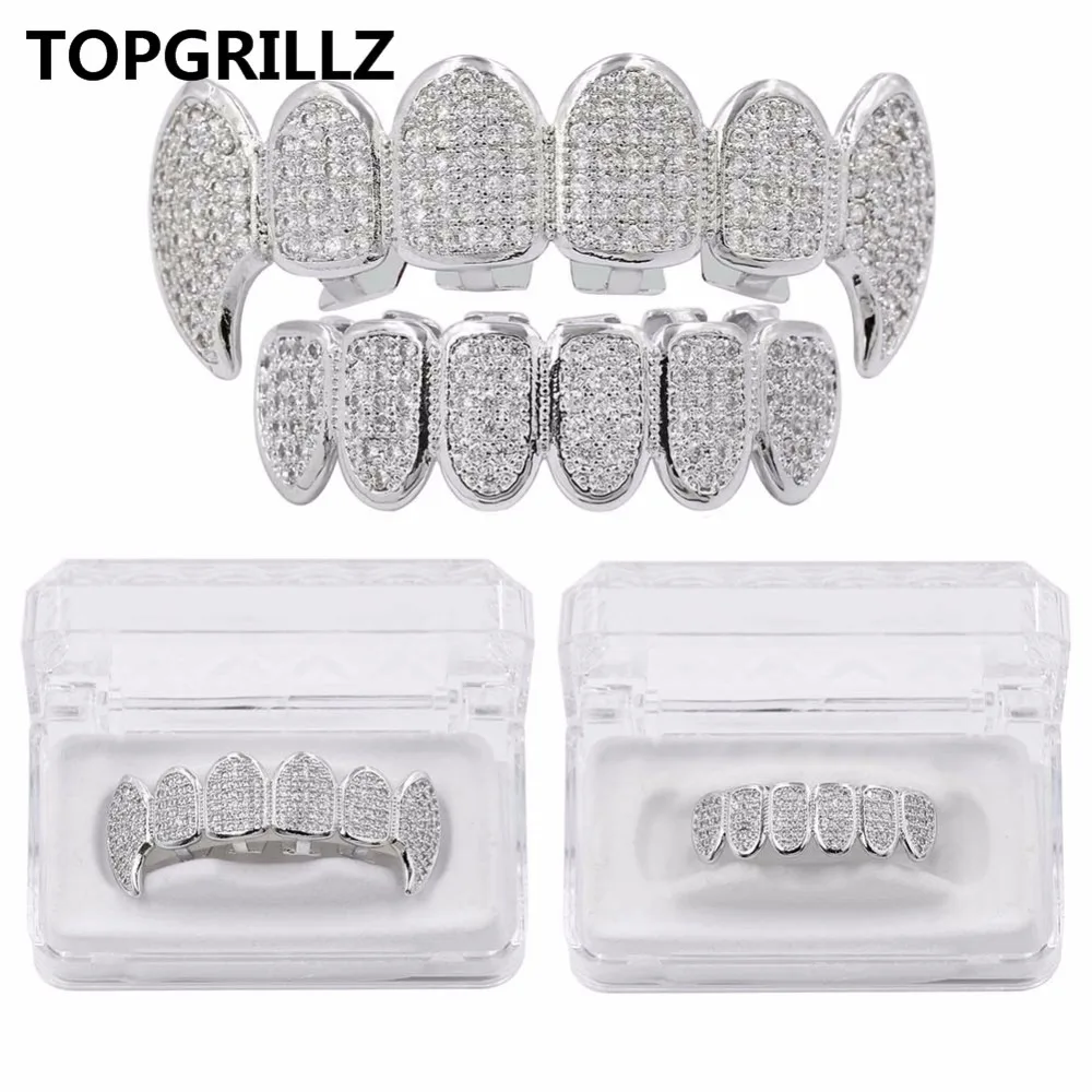 TOPGRILLZ New Fit Silver Plated CZ Micro Pave Top & Bottom GRILL SET Rhodium Teeth Grills Vampire Tooth Grillz