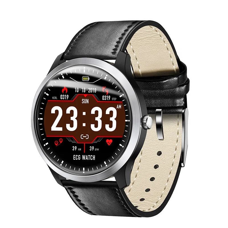black leather LEMFO N58 новые ЭКГ+ PPG умные часы мужские IP67 водонепроницаемые спортивные часы монитор сердечного ритма кровяное давление умные часы - Цвет: black leather