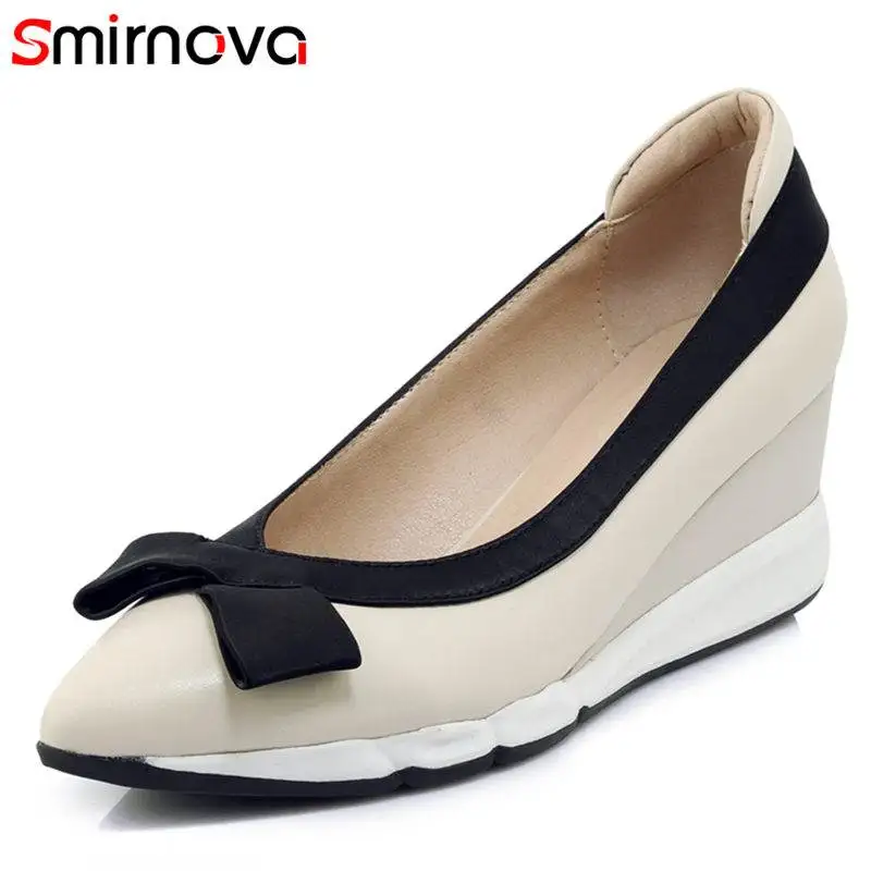 

Smirnova HOT 2018 fashion genuine leather pumps women wedges pointed toe slip on platform bowknot summer shoes casual dress shoe