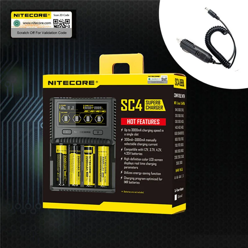 sc4 Car Cable NITECORE SC4 превосходное автомобильное зарядное устройство для литий-ионных IMR LiFePO4 Ni-MH(NiCd) 18650 17650 17670 16340 14500 батареи Макс 3 А с одним слотом - Цвет: sc4 Car Cable