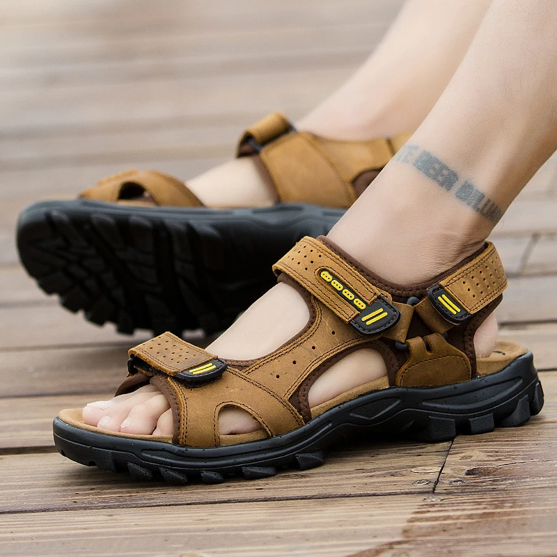 Мужские модные пляжные сандалии с открытым носком из натуральной кожи летняя