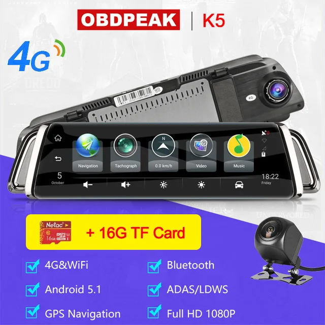 K5 With 16GB Card Смарт зеркало заднего вида 1" сенсорный экран 4G wifi Автомобильный видеорегистратор Android поток медиа зеркало двойной объектив обратное изображение gps навигация ADAS - Название цвета: K5 With 16GB Card